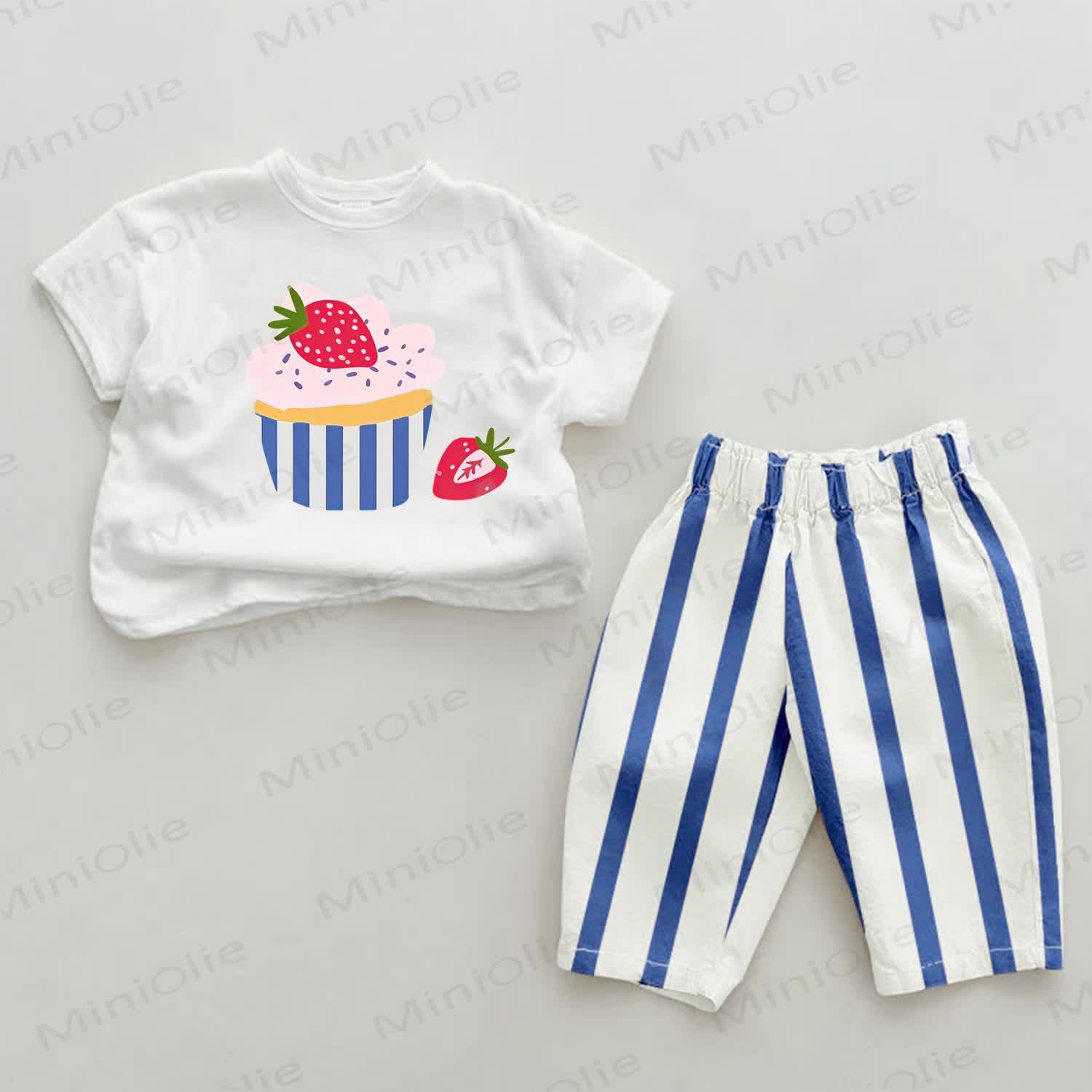 Baby Erdbeere Cupcake Blau Streifen Hose 2-teiliges Set - Weiß & Blau - 2-3J - image 1