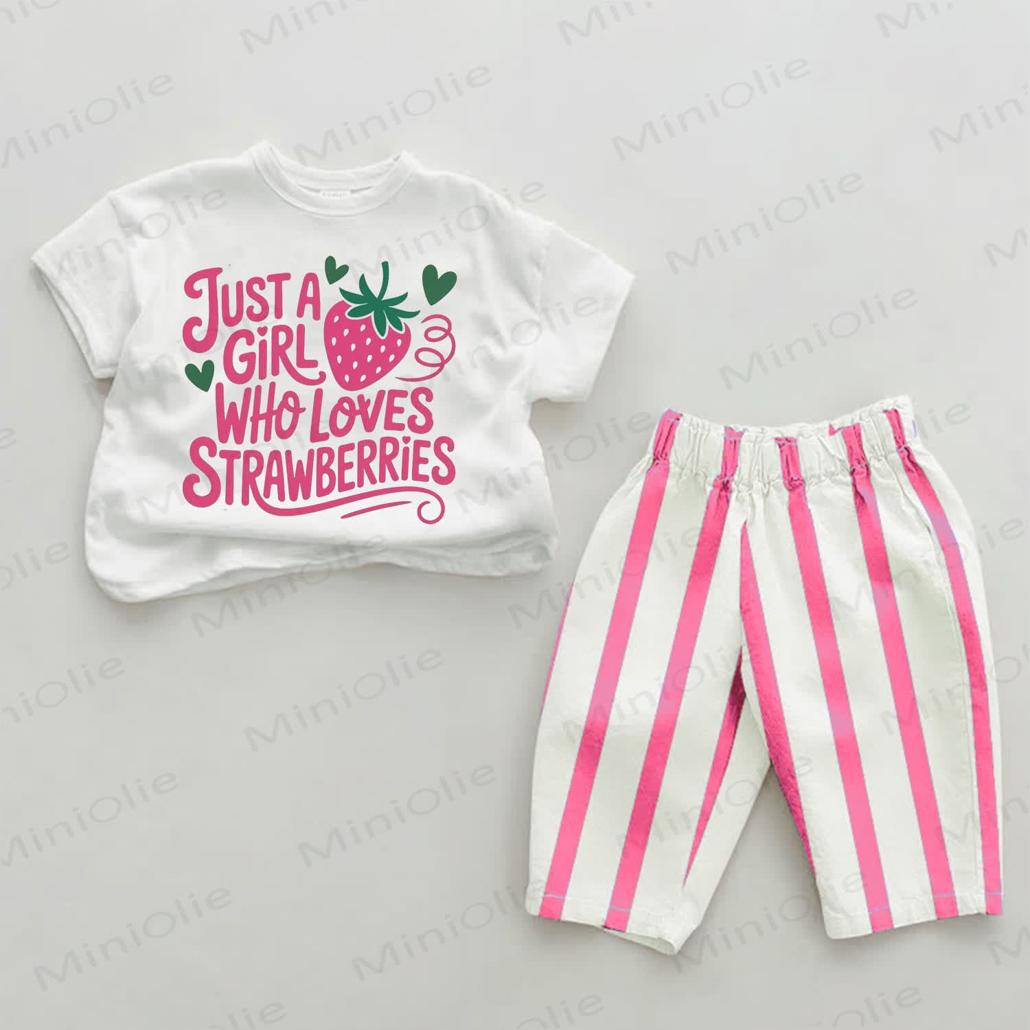 EINFACH EIN GIRL , DAS LOVES STRAWBERRIES Baby Streifen 2-teiliges Set - Weiß & Rosa - 2-3J - image 1