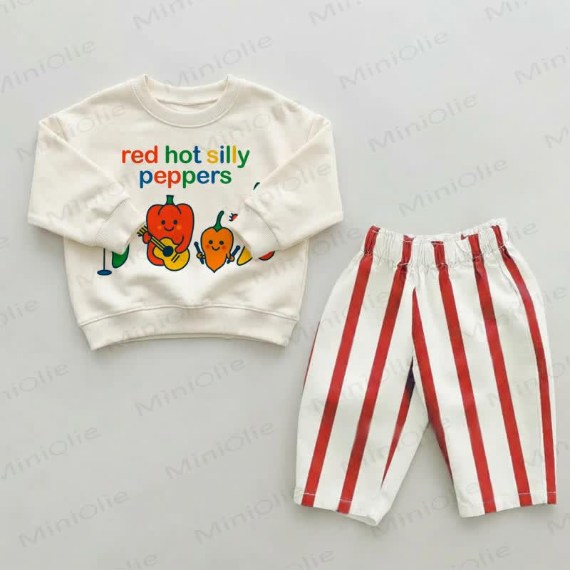 RED HOT SILLY PEPPERS Baby Kleinkind Set mit rot-weiß Streifen Hose , 2-teilig - Beige & Rot - 2-3J - image 1