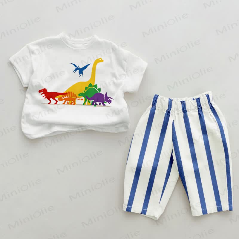 Baby Bunt Dinosaurier Blau Vertikal Streifen 2-teiliges Set - Weiß & Blau - 2-3J - image 1