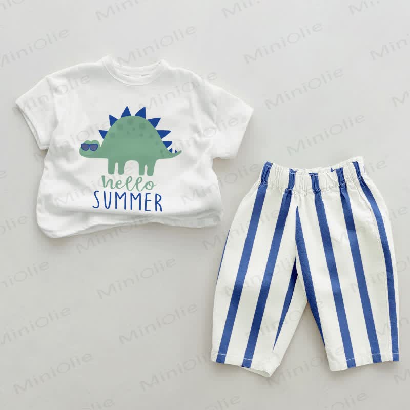 HELLO SUMMER Baby Dinosaurier Blau Vertikal Streifen 2-teiliges Set - Weiß & Blau - 2-3J - image 1