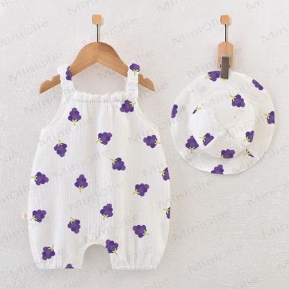 Baby Strampler aus Kreppstoff mit Traubenmuster und Strampler Hut - Weiß - 18-24M - image 1
