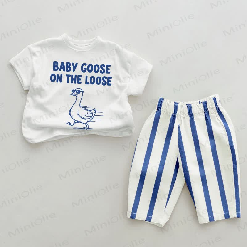 BABY GOOSE ON THE LOOSE Baby , vertikal Streifen 2-teiliges Set - Weiß & Blau - 2-3J - image 1