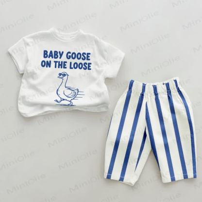 BABY GOOSE ON THE LOOSE Baby , vertikal Streifen 2-teiliges Set - Weiß & Blau - 2-3J - image 1