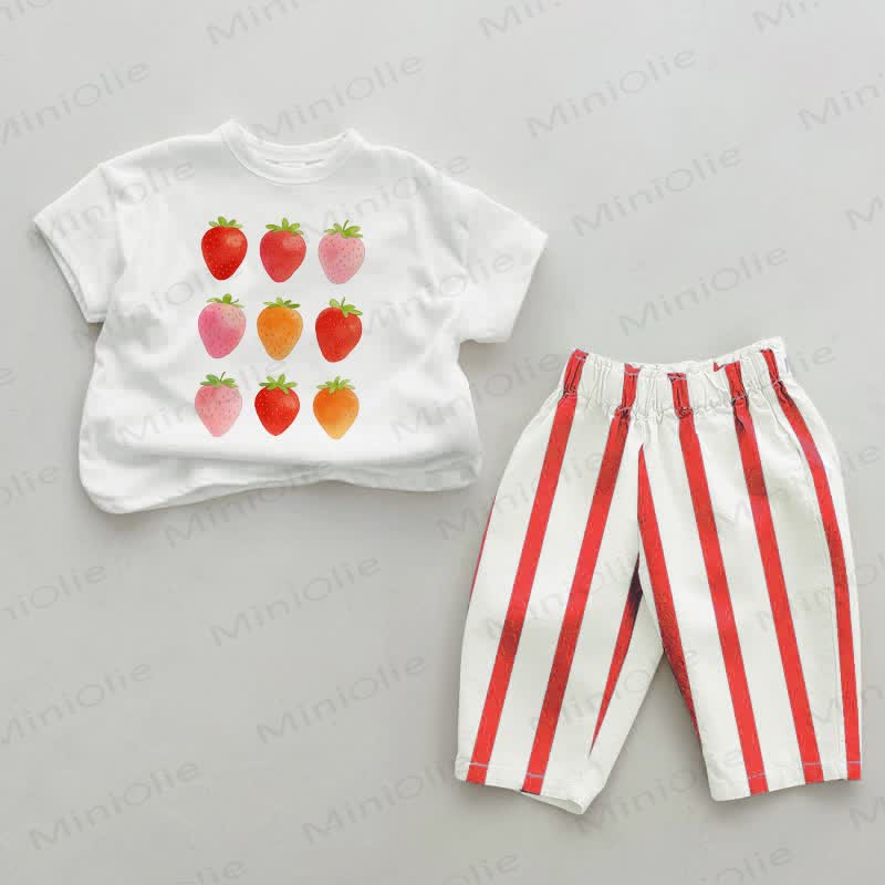 Baby Erdbeere Streifen Hose 2-teiliges Set - Weiß & Rot - 2-3J - image 1