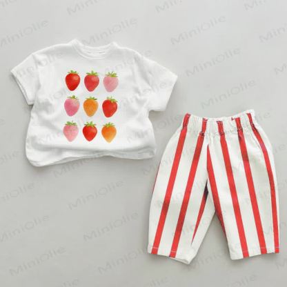 Baby Erdbeere Streifen Hose 2-teiliges Set - Weiß & Rot - 2-3J - image 1