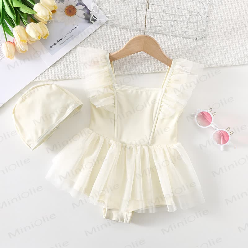 Badeanzug mit Rüschen und Tüll für Kleinkinder mit Hut - Beige - 8-9J - image 1