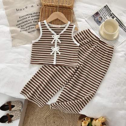 2-teiliges Set für Kleinkind-Mädchen : Khaki Streifen Weste und Hose - Khaki - 7Y - image 1