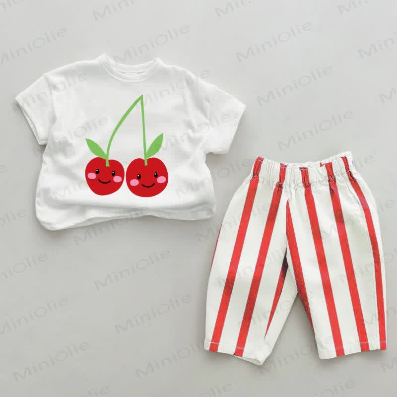 Baby Lächelnd Kirsche Streifen Hose 2-teiliges Set - Weiß & Rot - 2-3J - image 1