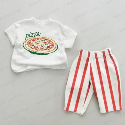 Baby Pizza Rot Streifen Hose 2-teiliges Set - Weiß & Rot - 2-3J - image 1