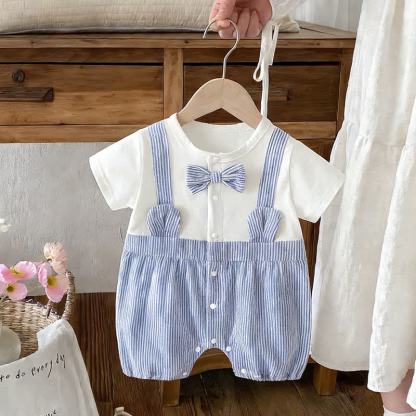 Baby Schleife mit Fliege , Blau -weiß Streifen, Strampler - Weiß - 18-24M - image 1