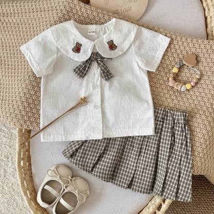 Set aus Bär - Spitze mit Plaid Rock für Baby - Weiß - 2-3J - image 1