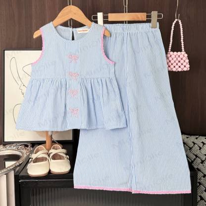 Kleinkind Mädchen Blau Spitze und Streifen Hose Set - Blau - 7Y - image 1