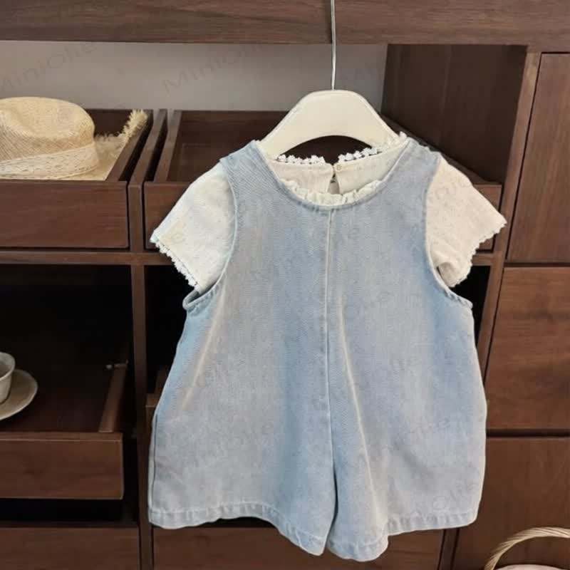 Sommer T-Stück für Kleinkinder mit Blau Denim Strampler Set - image 2