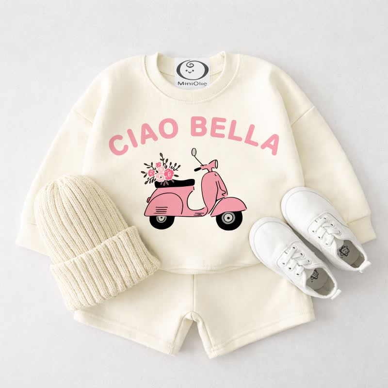 CIAO BELLA Baby Cremeweißes Motorrad- und Blumen Sweatshirt und Shorts 2-teiliges Set - Cremeweiß - 3-4J - image 1