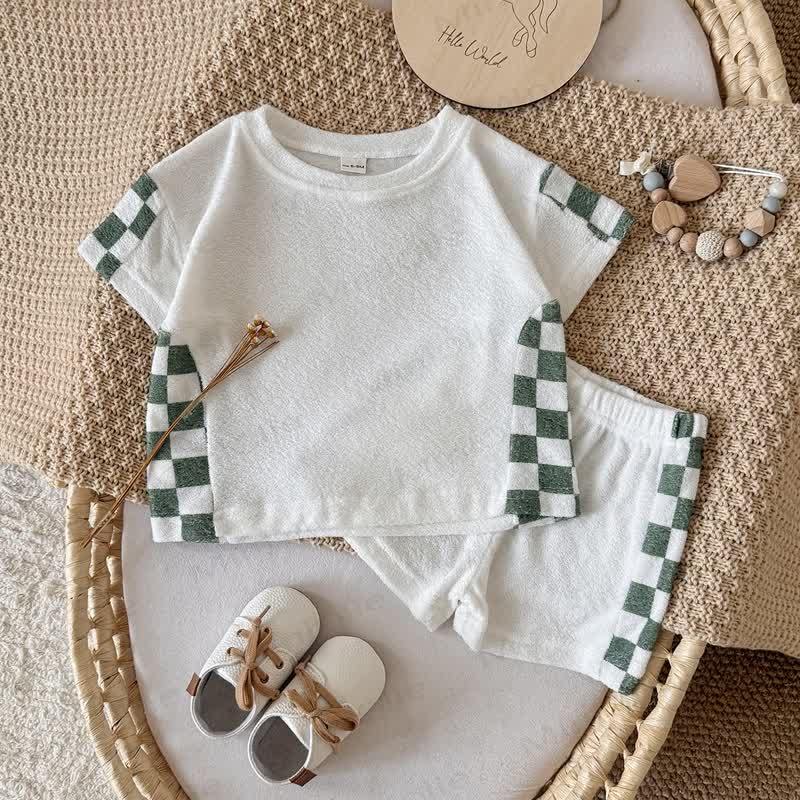 Baby Frottee Set: Plaid Crop- Spitze und Shorts - Beige - 2-3J - image 1