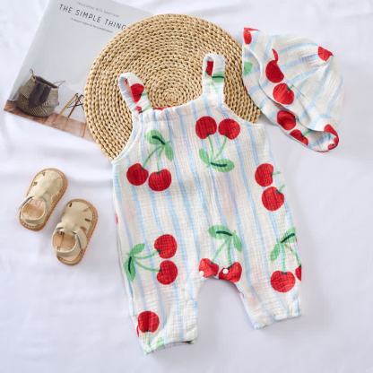 Baby Kirsche Strampler mit Blau Streifen und Strampler Hut - image 2