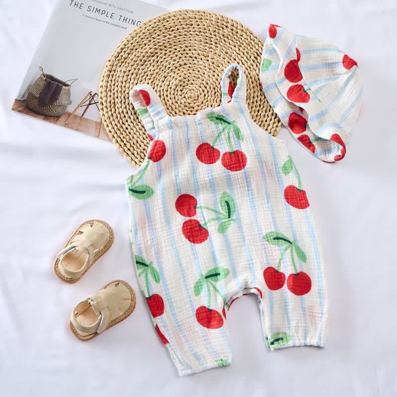 Baby Kirsche Strampler mit Blau Streifen und Strampler Hut - image 3