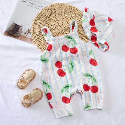 Baby Kirsche Strampler mit Blau Streifen und Strampler Hut - image 3