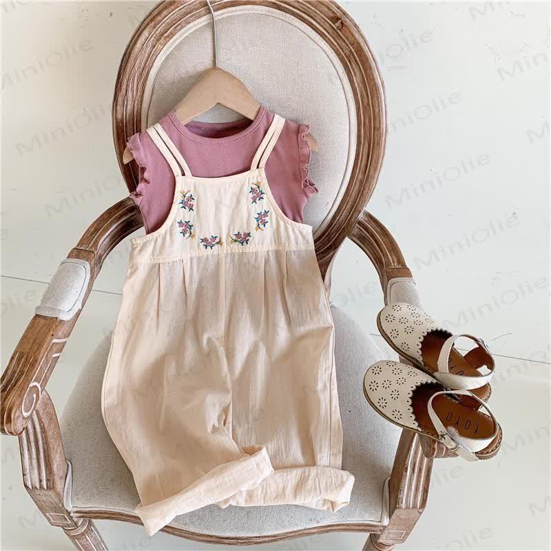 Kleinkind Mädchen Baumwoll- Strampler mit Blumen in Beige - image 1