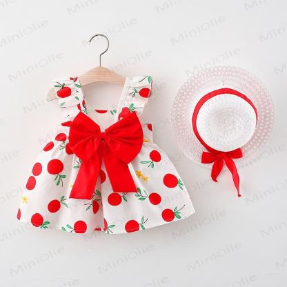 Sommer für Baby (Mädchen) aus Baumwolle mit Obst , Blume oder Kreismuster und Schleife, Kleid zu einem Hut - Roter Apfel - 2-3J - image 3