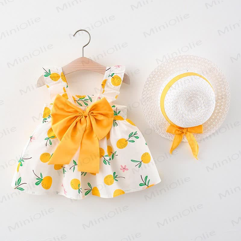 Sommer für Baby (Mädchen) aus Baumwolle mit Obst , Blume oder Kreismuster und Schleife, Kleid zu einem Hut - Gelb Ananas - 2-3J - image 2