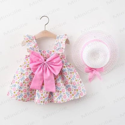 Sommer für Baby (Mädchen) aus Baumwolle mit Obst , Blume oder Kreismuster und Schleife, Kleid zu einem Hut - Rosa Blume - 2-3J - image 5