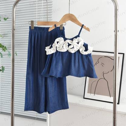 Set aus ärmellosem Spitze und Hose in Uni- Marineblau für Kleinkind-Mädchen - Marineblau - 6J - image 1