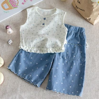 Set aus Blau Weste und Hose mit Blumen für Kleinkind - Set - 8-9J - image 1