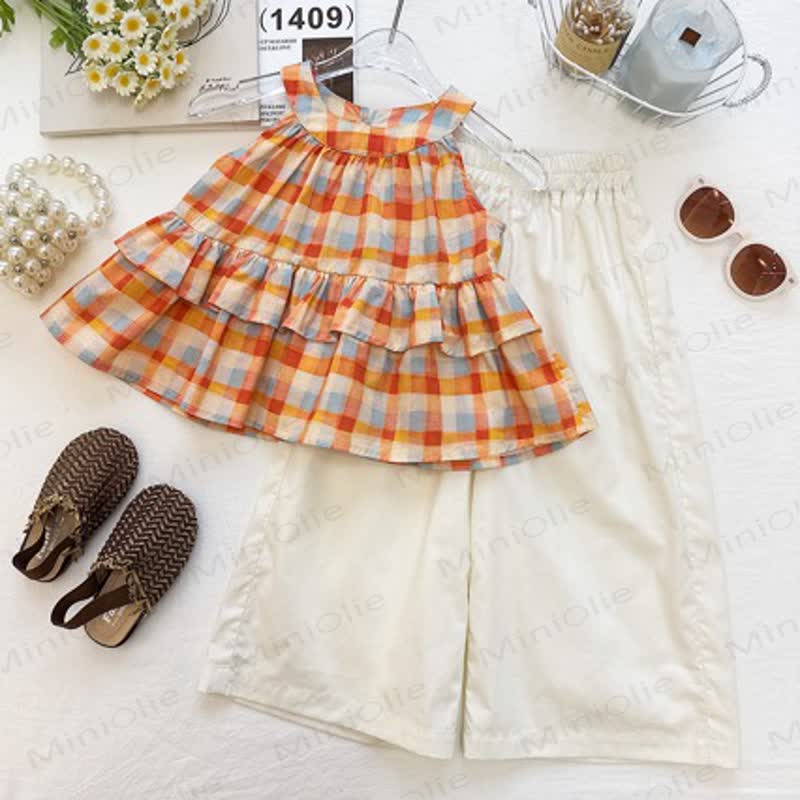 Set aus orangefarbenem Tanktop mit Gingham und weißer Hose für Kinder-Mädchen - Orange - 10-11J - image 1
