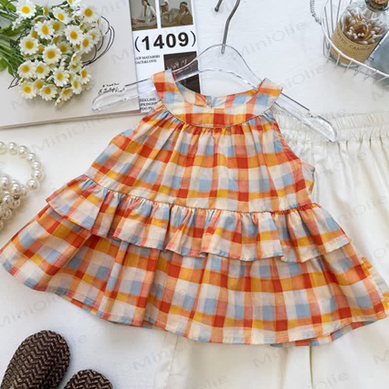 Set aus orangefarbenem Tanktop mit Gingham und weißer Hose für Kinder-Mädchen - image 2