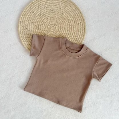 Kleinkind Baby Einfarbig Sommer Freizeit-T-Shirt mit Rundhalsausschnitt - Braun - 6-7J - image 2