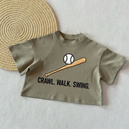 Krabbeln. Laufen. Schaukeln. Baby -Baseball- Sommer Freizeit-T-Shirt - Grau Grün - 2-3J - image 2