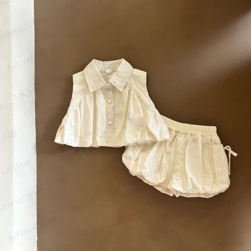 Set aus Baumwoll Tanktop und Shorts für Baby und Kleinkind-Mädchen, Einfarbig - Beige - 4-5J - image 3