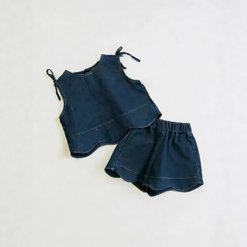 Set aus Einfarbig Tanktop und Shorts für Baby und Kleinkind-Mädchen) aus Denim - Marineblau - 4-5J - image 2