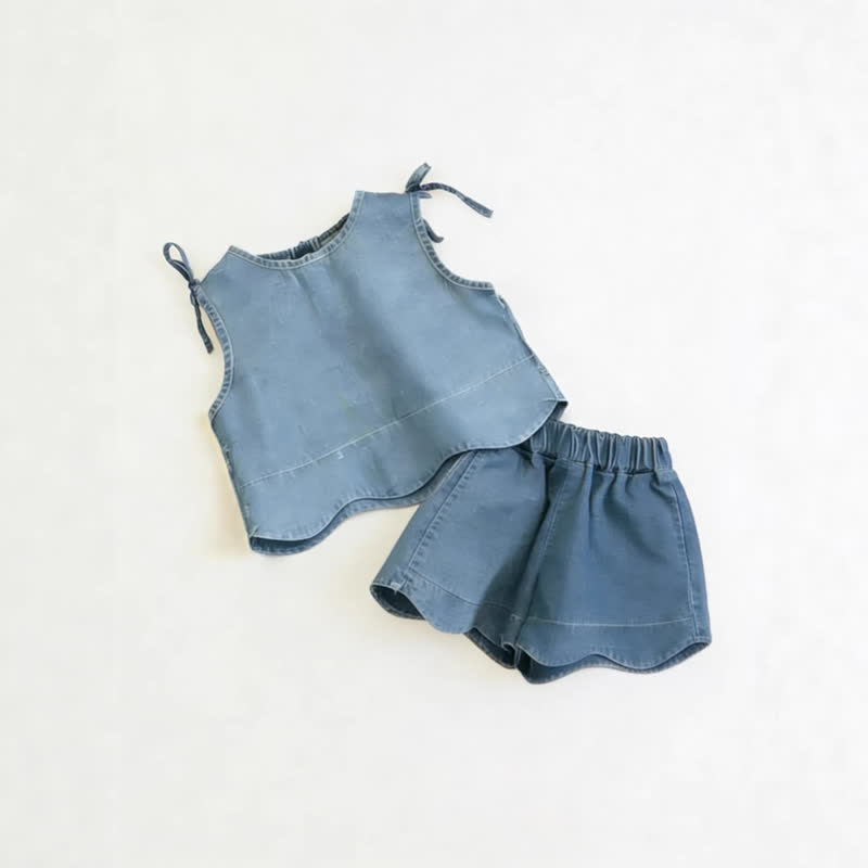Set aus Einfarbig Tanktop und Shorts für Baby und Kleinkind-Mädchen) aus Denim - Blau - 4-5J - image 3