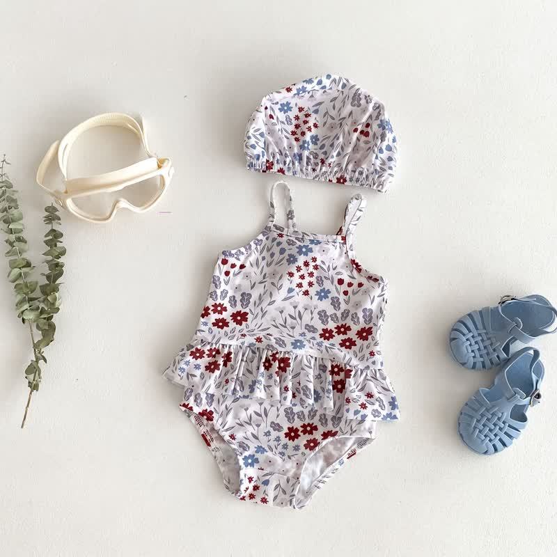 Baby Badeanzug mit Blumen und Rüschen, inklusive Hut - Weiß - 2-3J - image 1