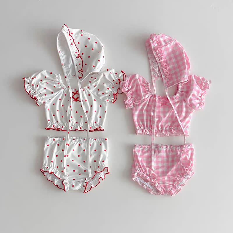 Baby Punkt/ Plaid Rüschen- Badeanzug Set mit Hut - image 1