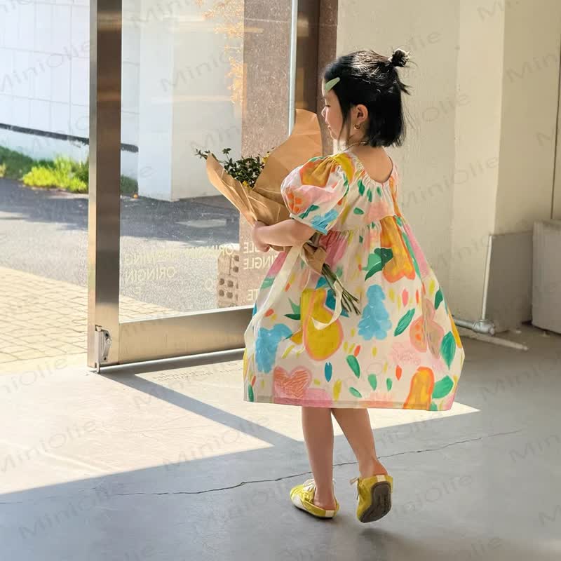 Kleid für Kleinkind Mädchen mit Blumen und Puffärmeln - Gelb - 12-13J - image 1