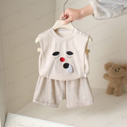 Baby Baumwoll- Tanktop und Shorts Set mit Cartoon-Gesichtern - Beige - 2-3J - image 2