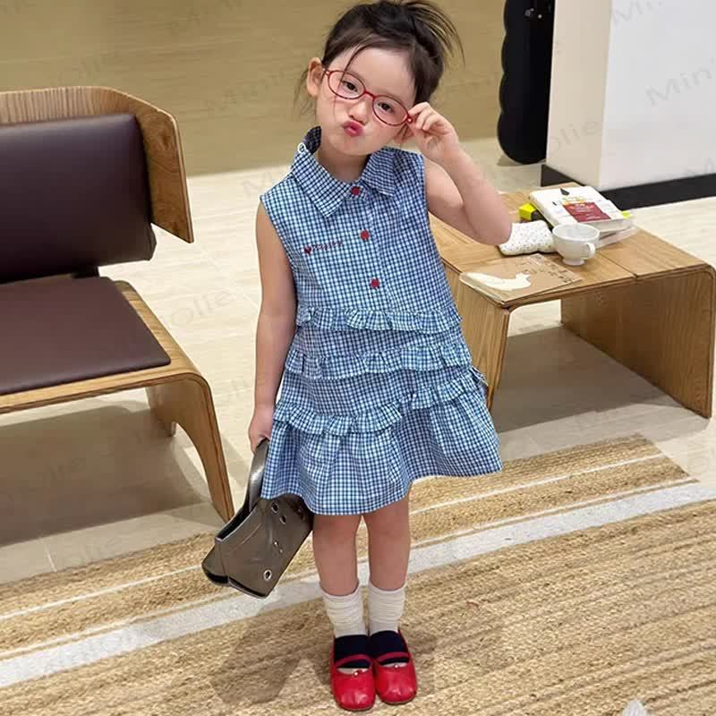 Ärmelloses Kleid aus Baumwolle , Marineblau Gingham, für Kleinkind-Mädchen - Blau - 8-9J - image 1