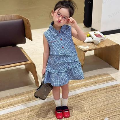 Ärmelloses Kleid aus Baumwolle , Marineblau Gingham, für Kleinkind-Mädchen - Blau - 8-9J - image 1