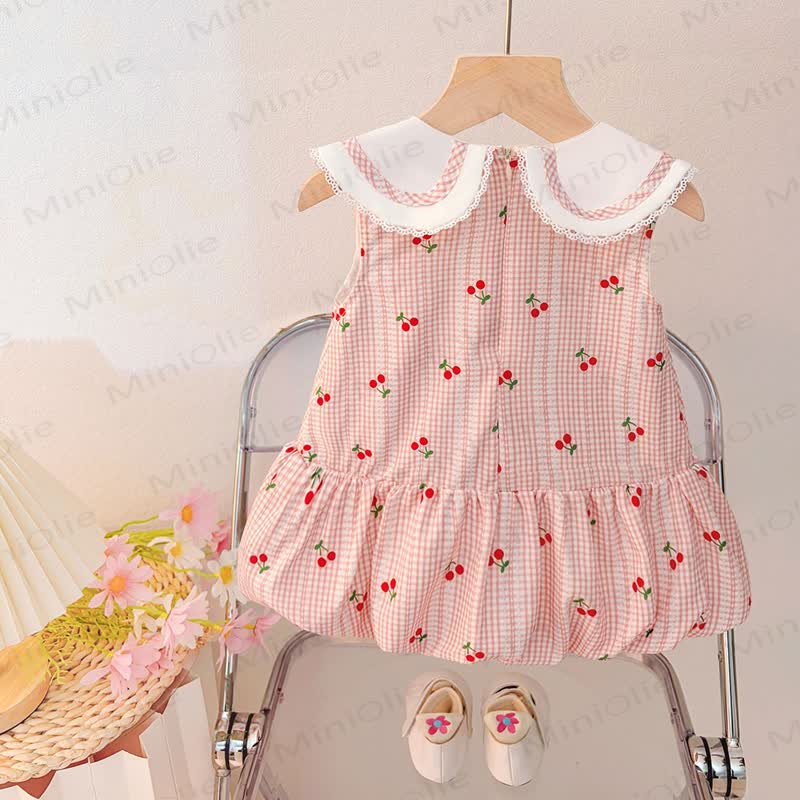 Ärmelloses Kleid aus Baumwolle mit Schleifen , Gingham Kirsche und Kirschmuster für Baby und Kleinkind-Mädchen  - image 3