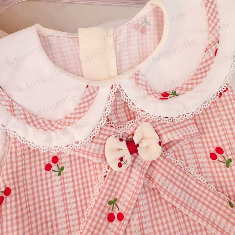 Ärmelloses Kleid aus Baumwolle mit Schleifen , Gingham Kirsche und Kirschmuster für Baby und Kleinkind-Mädchen  - image 4