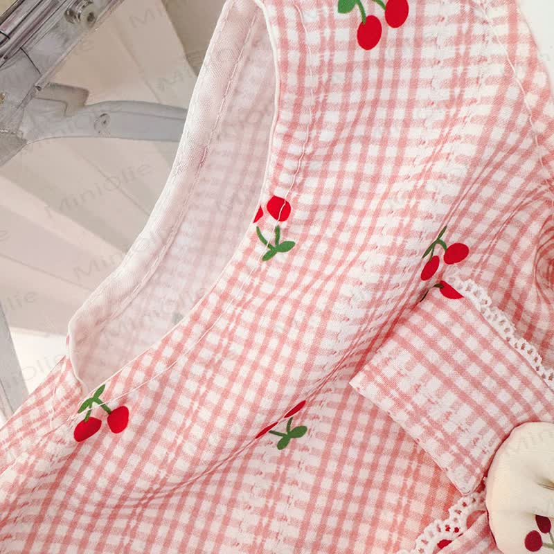 Ärmelloses Kleid aus Baumwolle mit Schleifen , Gingham Kirsche und Kirschmuster für Baby und Kleinkind-Mädchen  - image 6