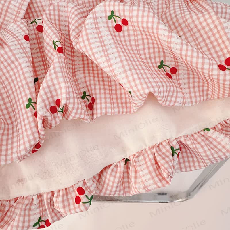 Ärmelloses Kleid aus Baumwolle mit Schleifen , Gingham Kirsche und Kirschmuster für Baby und Kleinkind-Mädchen  - image 7