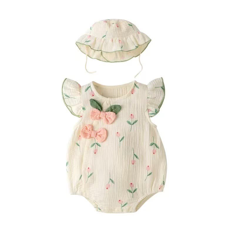 Baby Bodysuit aus Musselin-Baumwolle mit Tulpenmotiv und Hut - image 4