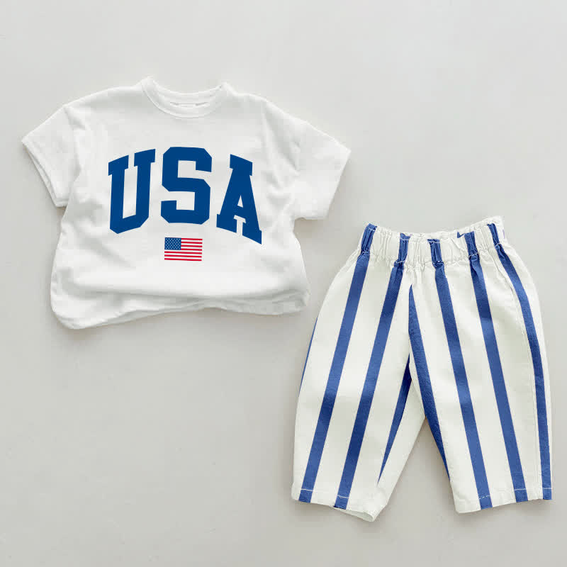 USA Baby , vertikal Streifen 2-teiliges Set - Weiß & Blau - 2-3J - image 1