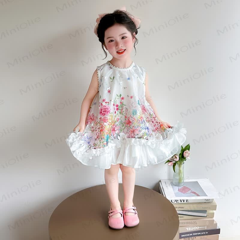 Ärmelloses Kleid für Kleinkind-Mädchen mit Perlenbesatz, Blumen und Schleife, ärmellos - Beige - 8-9J - image 2