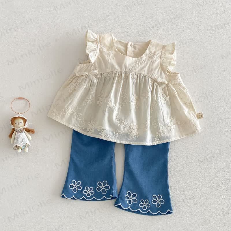 Tanktop oder Hose mit Blumen und Spitze für Kleinkind-Mädchen - image 1